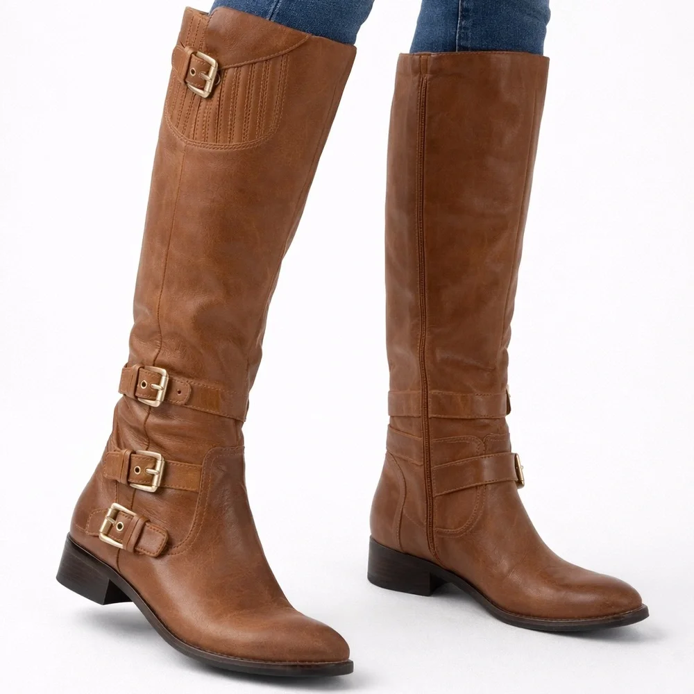 Michael Kors Brown Leather Tatum Tall Riding Boots Gold Buckle Women’s Size 7M